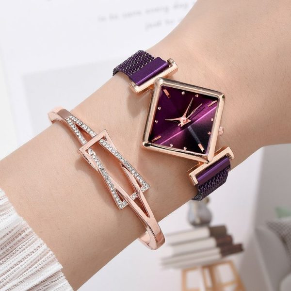 2 SET Ladies Diamond Dial Quartz Watch, Colour: Purple + Bracelet - Image 2