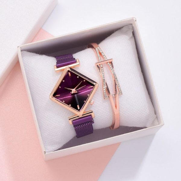2 SET Ladies Diamond Dial Quartz Watch, Colour: Purple + Bracelet - Image 3
