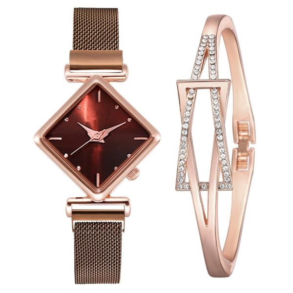 2 SET Ladies Diamond Dial Quartz Watch, Colour: Brown + Bracelet