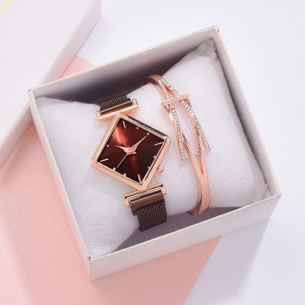 2 SET Ladies Diamond Dial Quartz Watch, Colour: Brown + Bracelet - Image 3