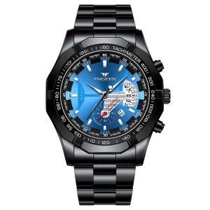 FNGEEN S001 Men Waterproof Watch Calendar Watch (Black Steel Blue Surface)