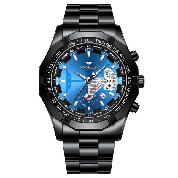 FNGEEN S001 Men Waterproof Watch Calendar Watch (Black Steel Blue Surface)