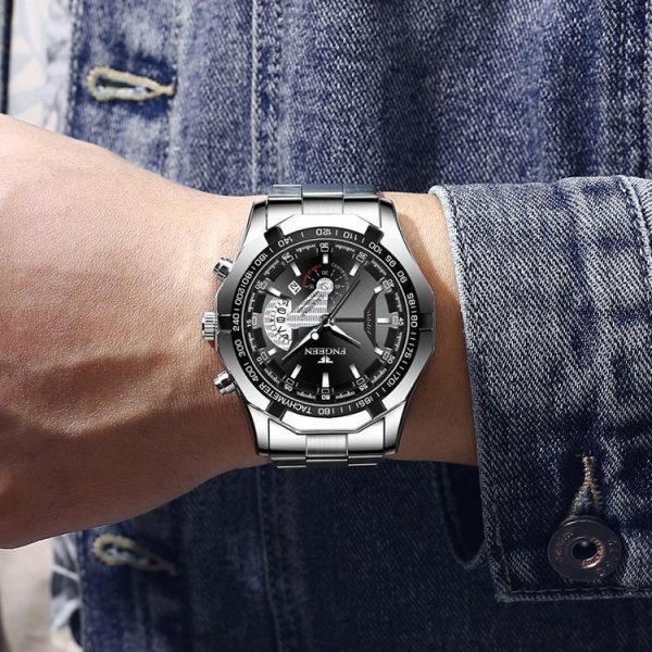 FNGEEN S001 Men Waterproof Watch Calendar Watch (Black Steel Blue Surface) - Image 7