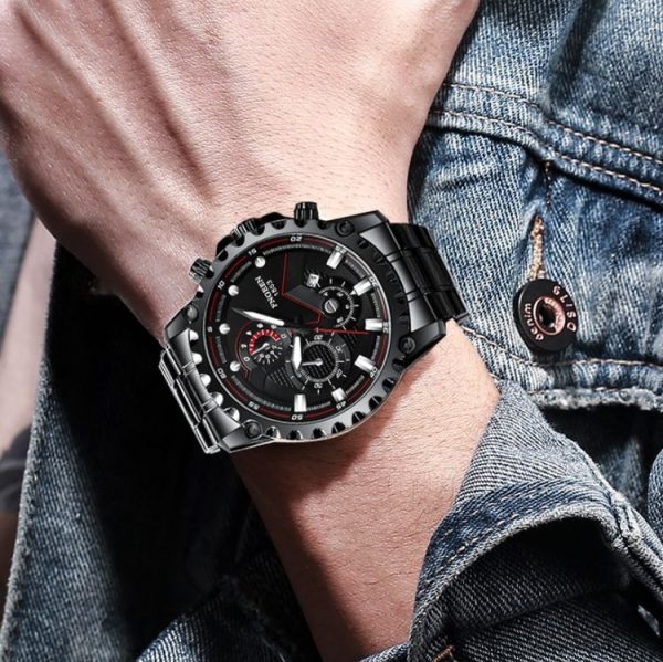 FNGEEN 5757 Men Waterproof Sports Fashion Stainless Steel Watch (Black Steel Black Surface) - Image 6