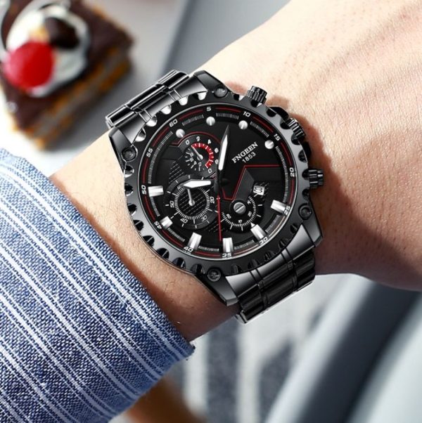FNGEEN 5757 Men Waterproof Sports Fashion Stainless Steel Watch (Black Steel Black Surface) - Image 7