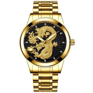 FNGEEN S666 Waterproof Luminous Watch Quartz Ultra-Thin Dragon Or Phoenix Pattern Couple Watch (Full Gold Black Surface)