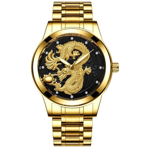 FNGEEN S666 Waterproof Luminous Watch Quartz Ultra-Thin Dragon Or Phoenix Pattern Couple Watch (Full Gold Black Surface)