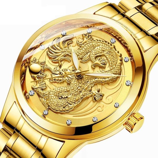 FNGEEN S666 Waterproof Luminous Watch Quartz Ultra-Thin Dragon Or Phoenix Pattern Couple Watch (Full Gold Black Surface) - Image 3