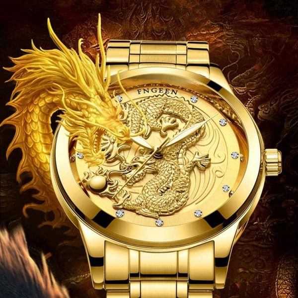 FNGEEN S666 Waterproof Luminous Watch Quartz Ultra-Thin Dragon Or Phoenix Pattern Couple Watch (Full Gold Black Surface) - Image 5