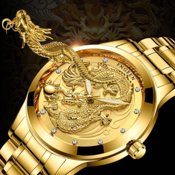 FNGEEN S666 Waterproof Luminous Watch Quartz Ultra-Thin Dragon Or Phoenix Pattern Couple Watch (Full Gold Black Surface) - Image 6