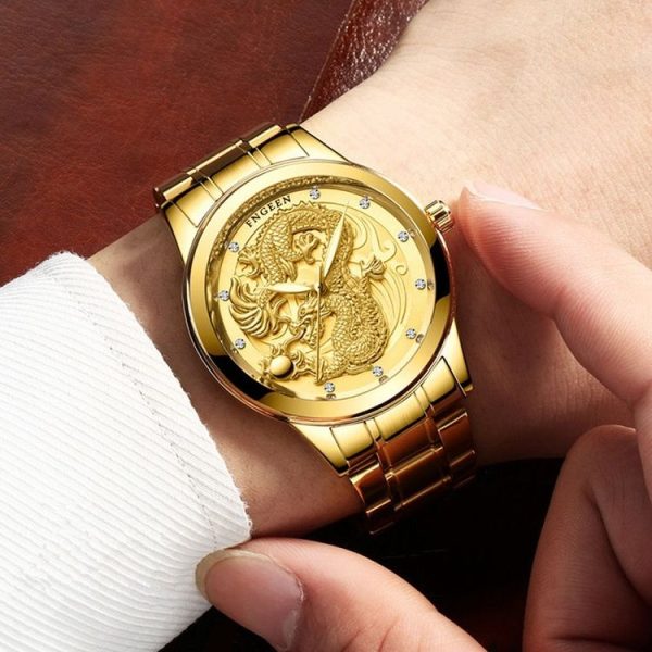 FNGEEN S666 Waterproof Luminous Watch Quartz Ultra-Thin Dragon Or Phoenix Pattern Couple Watch (Full Gold Black Surface) - Image 8