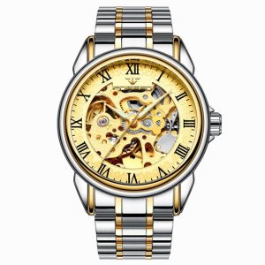 FNGEEN 8866 Men Waterproof Watch Fashion Double-Sided Hollow Automatic Mechanical Watch (Gold Gold Surface)