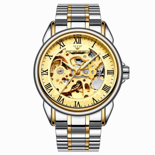 FNGEEN 8866 Men Waterproof Watch Fashion Double-Sided Hollow Automatic Mechanical Watch (Gold Gold Surface)