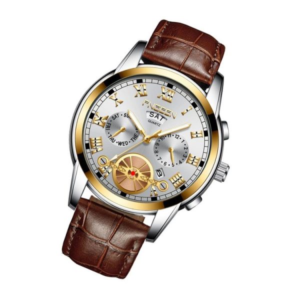 FNGEEN 4001 Men Watch Multi-Function Quartz Watch, Colour: Brown leather Gold White Surface - Image 2