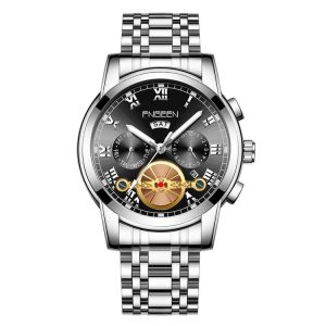 FNGEEN 4001 Men Watch Multi-Function Quartz Watch, Colour: White Steel Black Surface White Nails