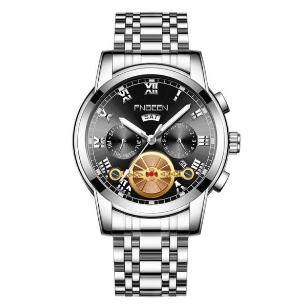 FNGEEN 4001 Men Watch Multi-Function Quartz Watch, Colour: White Steel Black Surface White Nails