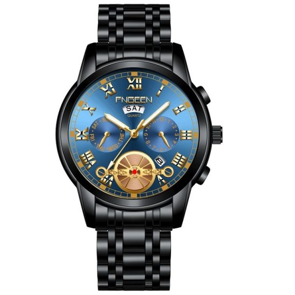 FNGEEN 4001 Men Watch Multi-Function Quartz Watch, Colour: Black Steel Blue Surface Gold Nails