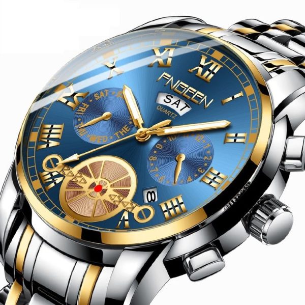 FNGEEN 4001 Men Watch Multi-Function Quartz Watch, Colour: Black Steel Blue Surface Gold Nails - Image 3