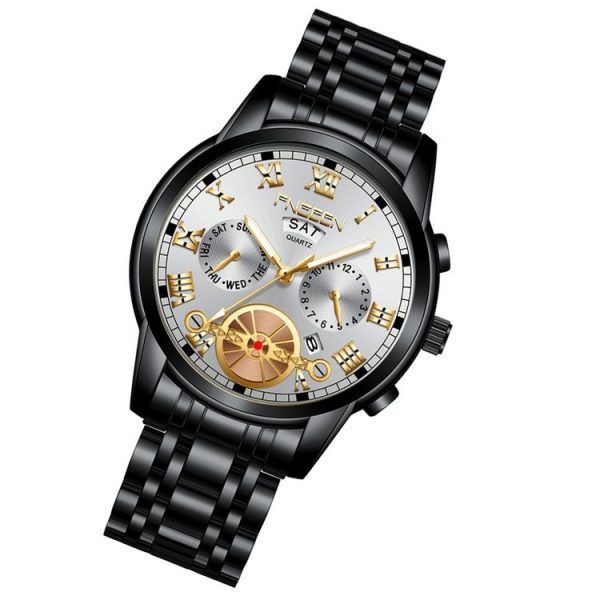 FNGEEN 4001 Men Watch Multi-Function Quartz Watch, Colour: Black Steel White Surface Gold Nails - Image 2