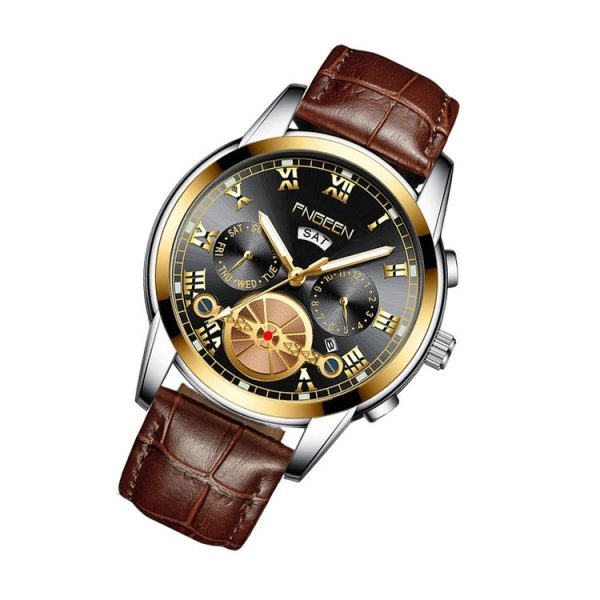 FNGEEN 4001 Men Watch Multi-Function Quartz Watch, Colour: Brown Leather Gold Black Surface - Image 2