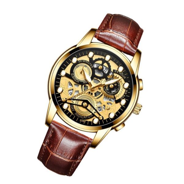 FNGEEN 4088 Men Hollow Quartz Watch Student Waterproof Luminous Watch (Brown Leather Full Gold Black Surface) - Image 2