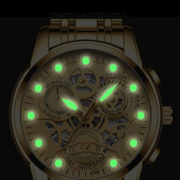FNGEEN 4088 Men Hollow Quartz Watch Student Waterproof Luminous Watch (Brown Leather Full Gold Black Surface) - Image 4