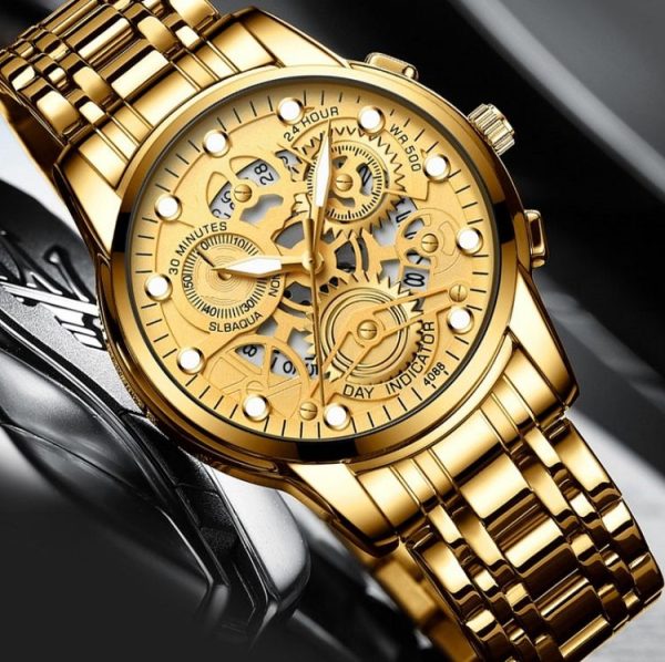 FNGEEN 4088 Men Hollow Quartz Watch Student Waterproof Luminous Watch (Brown Leather Full Gold Black Surface) - Image 5