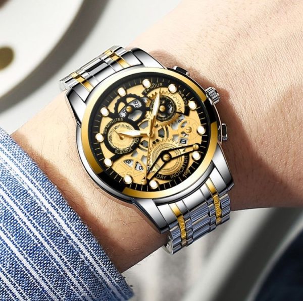 FNGEEN 4088 Men Hollow Quartz Watch Student Waterproof Luminous Watch (Brown Leather Full Gold Black Surface) - Image 7