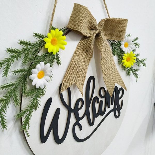 Home Decorations Easter Wreath Shooting Props Wreath Door Hanging Dark Blue Welcome Wooden Sign - Image 6