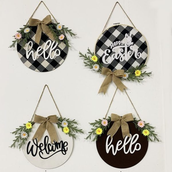Home Decorations Easter Wreath Shooting Props Wreath Door Hanging Dark Blue Welcome Wooden Sign - Image 7