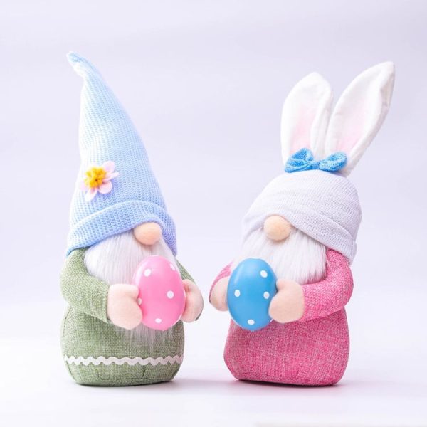 2 PCS Easter Pink Ears Plaid Bunny Dwarf Doll Elf Doll Ornaments Home Decoration Products (Faceless Men) - Image 2