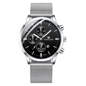 FNGEEN W5128 Men Three Eyes Subdial Luminous Quartz Watch Student Simple Watch (White Mash Black Surface White Nail)