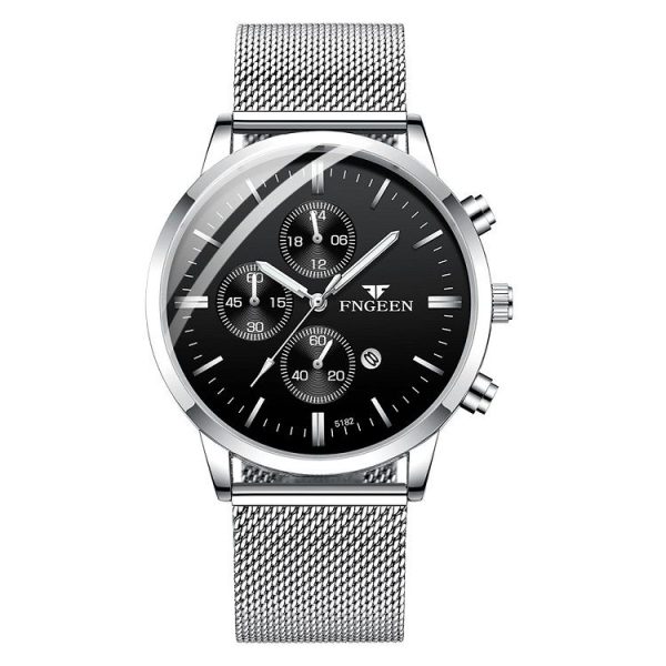 FNGEEN W5128 Men Three Eyes Subdial Luminous Quartz Watch Student Simple Watch (White Mash Black Surface White Nail)