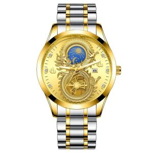 FNGEEN S999 Men Watch Calendar Dragon And Phoenix Pattern Couple Watch (Gold And Gold Surface)
