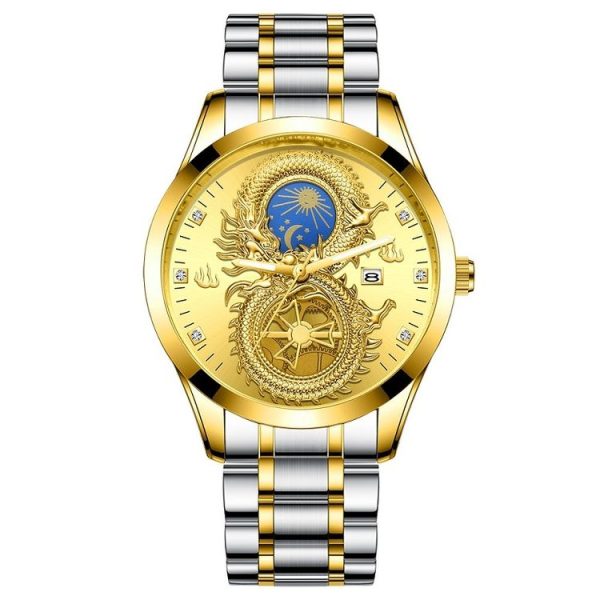 FNGEEN S999 Men Watch Calendar Dragon And Phoenix Pattern Couple Watch (Gold And Gold Surface)
