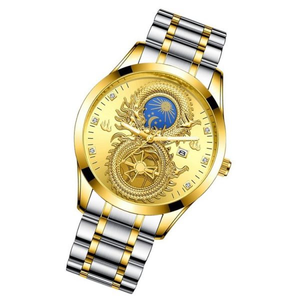 FNGEEN S999 Men Watch Calendar Dragon And Phoenix Pattern Couple Watch (Gold And Gold Surface) - Image 2