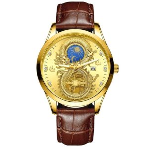FNGEEN S999 Men Watch Calendar Dragon And Phoenix Pattern Couple Watch (Brown leather Full Gold Golden Surface)