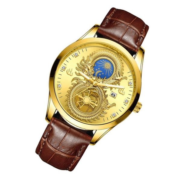 FNGEEN S999 Men Watch Calendar Dragon And Phoenix Pattern Couple Watch (Brown leather Full Gold Golden Surface) - Image 2