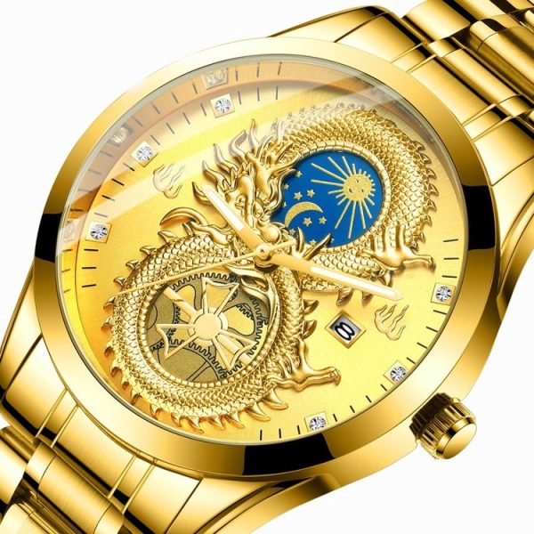 FNGEEN S999 Men Watch Calendar Dragon And Phoenix Pattern Couple Watch (Brown leather Full Gold Golden Surface) - Image 3