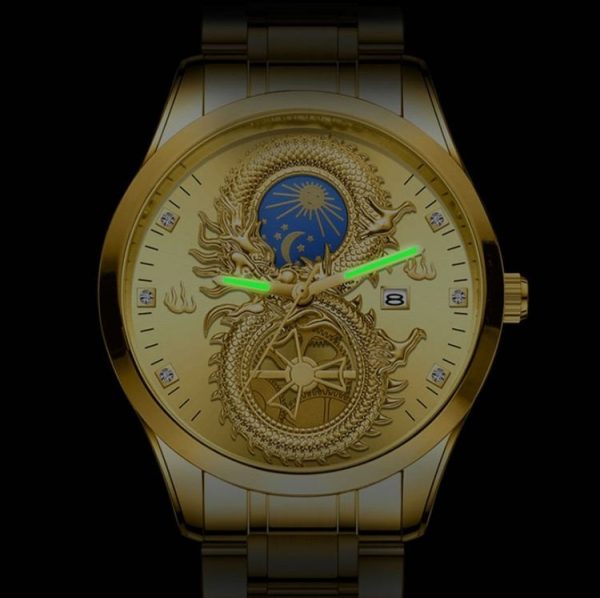 FNGEEN S999 Men Watch Calendar Dragon And Phoenix Pattern Couple Watch (Brown leather Full Gold Golden Surface) - Image 4