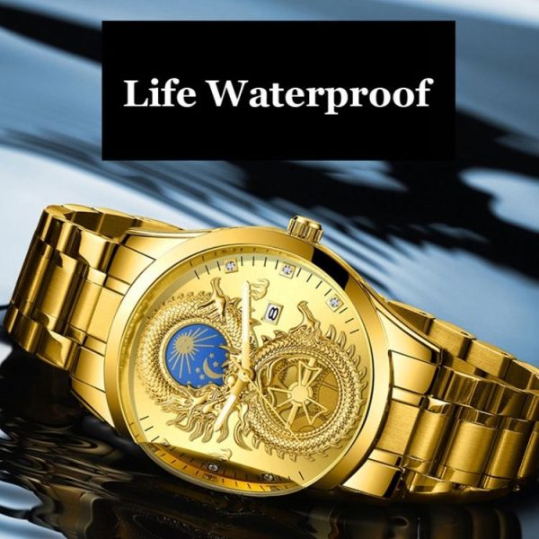 FNGEEN S999 Men Watch Calendar Dragon And Phoenix Pattern Couple Watch (Brown leather Full Gold Golden Surface) - Image 5