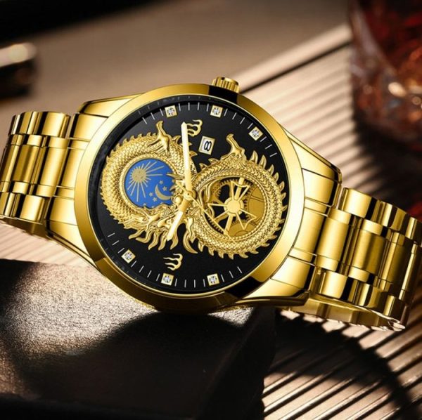FNGEEN S999 Men Watch Calendar Dragon And Phoenix Pattern Couple Watch (Brown leather Full Gold Golden Surface) - Image 6