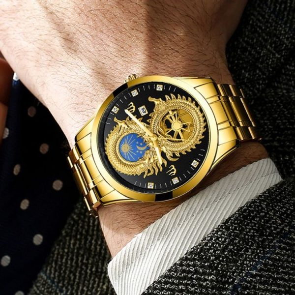 FNGEEN S999 Men Watch Calendar Dragon And Phoenix Pattern Couple Watch (Brown leather Full Gold Golden Surface) - Image 7
