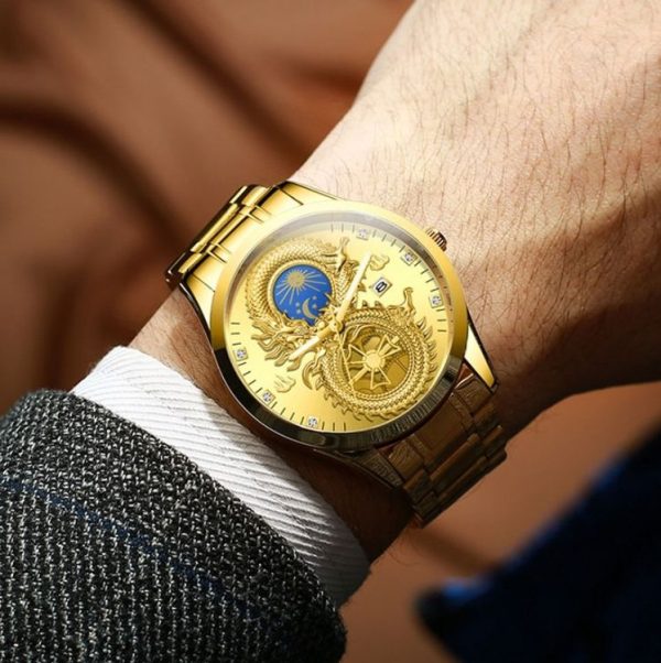 FNGEEN S999 Men Watch Calendar Dragon And Phoenix Pattern Couple Watch (Brown leather Full Gold Golden Surface) - Image 8
