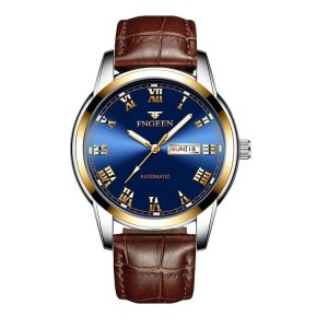 FNGEEN 4002 Men Roman Numeral Dial Sports Watch Student Luminous Quartz Watch (Brown Leather And Gold Blue Surface)