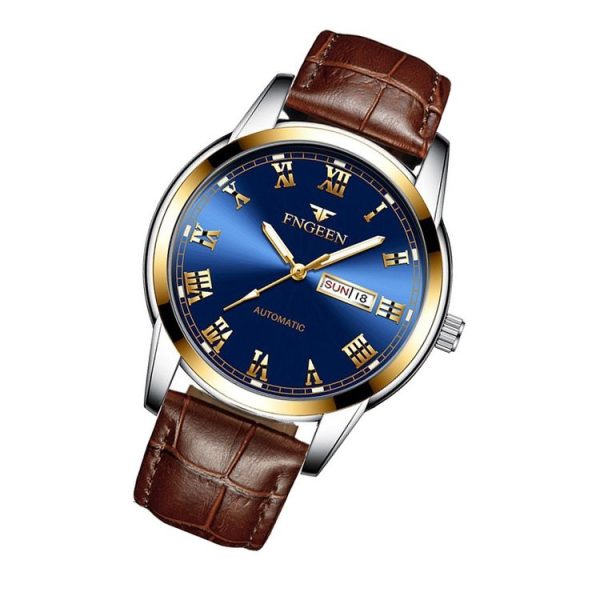 FNGEEN 4002 Men Roman Numeral Dial Sports Watch Student Luminous Quartz Watch (Brown Leather And Gold Blue Surface) - Image 2
