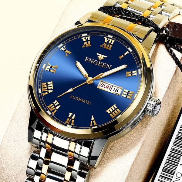 FNGEEN 4002 Men Roman Numeral Dial Sports Watch Student Luminous Quartz Watch (Brown Leather And Gold Blue Surface) - Image 3
