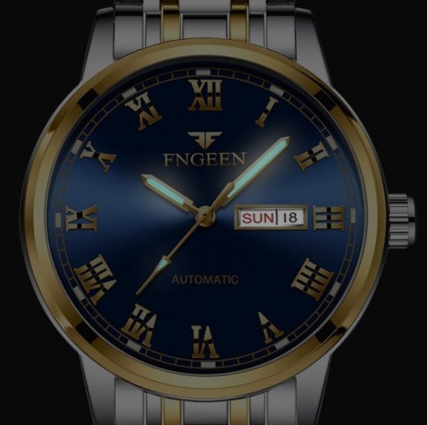 FNGEEN 4002 Men Roman Numeral Dial Sports Watch Student Luminous Quartz Watch (Brown Leather And Gold Blue Surface) - Image 4