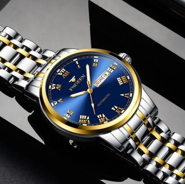 FNGEEN 4002 Men Roman Numeral Dial Sports Watch Student Luminous Quartz Watch (Brown Leather And Gold Blue Surface) - Image 5