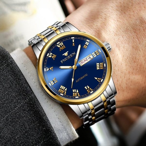 FNGEEN 4002 Men Roman Numeral Dial Sports Watch Student Luminous Quartz Watch (Brown Leather And Gold Blue Surface) - Image 6